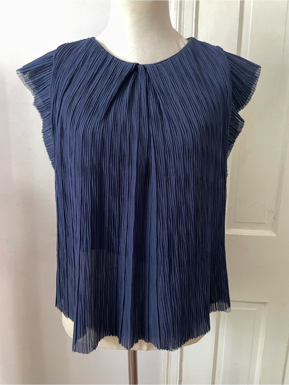 Maje Navy Pleated Cap-Sleeve Blouse, Size 2